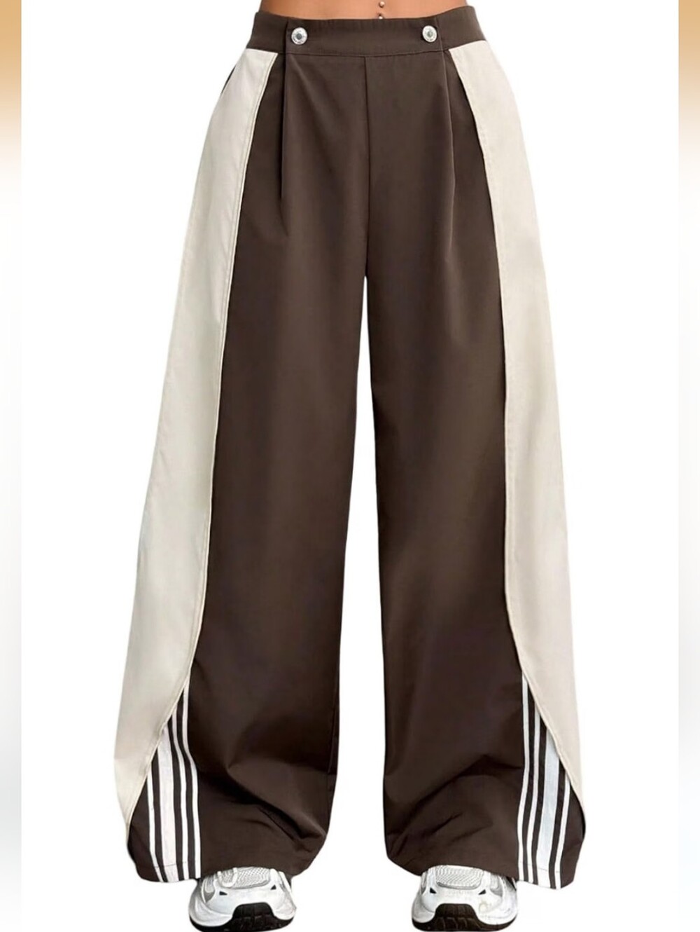 Wide Leg Contrast Panel Pants in Brown and Cream